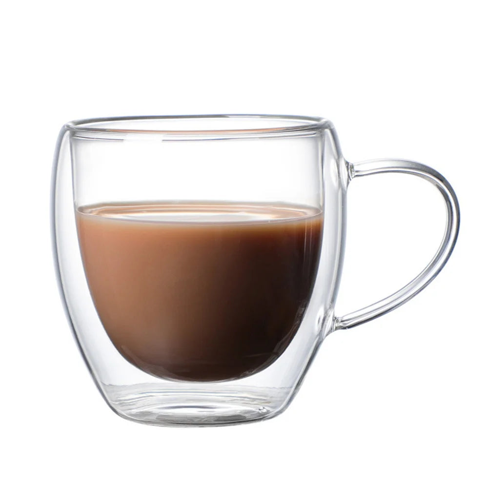 250Ml Double Wall Transparent Glass Coffee Cup with Handle Double-Layer Heat Insulation High Temperature Juice Milk Cup